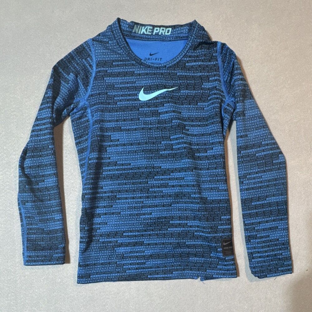 Nike Pro Dri-FIT Boys Blue Black Graphic Print Fitted Long Sleeve T-Shirt S